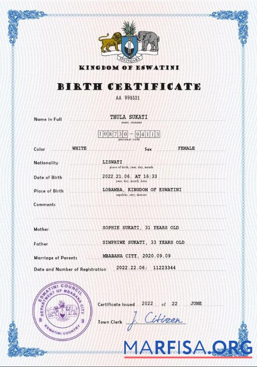 Printable Eswatini vital record birth certificate PSD template